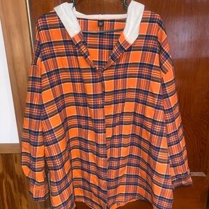 SHEIN Orange and Blue Plaid Shirt with White Hood
